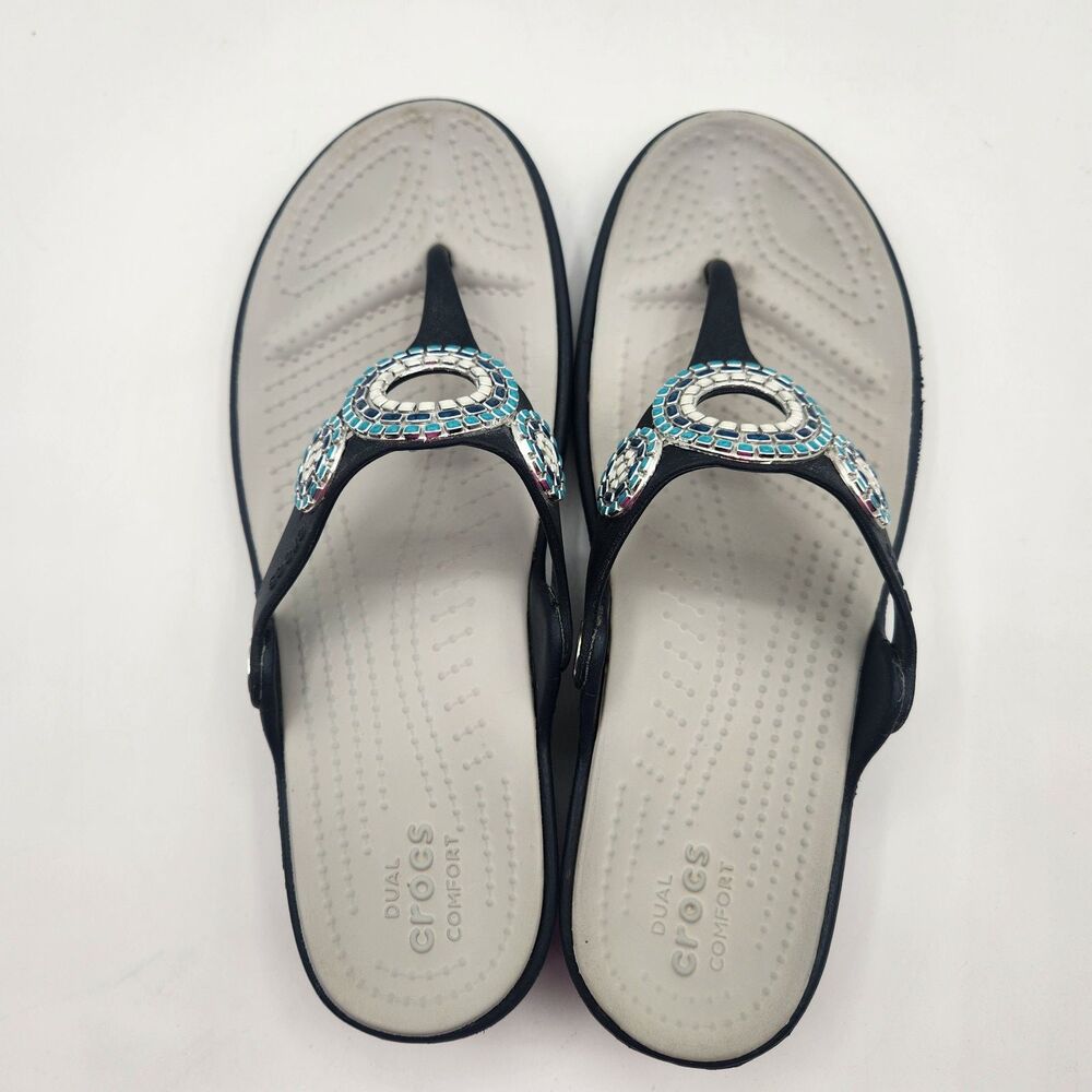 Crocs Sandals Blue Gray Sanrah Diamante Wedge Womens Size 7 Dual Comfort Mosaic - Picture 8 of 12
